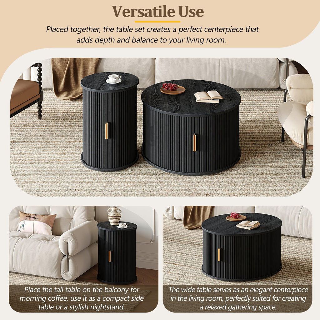 [Assembly Video] Mid-Century Coffee Table Set with Sliding Tambour Door, Round Fluted End Table With Storage, Golden Handle Tall & Low Side Table with Wooden Finish for Living Room, Set of Two, Black.