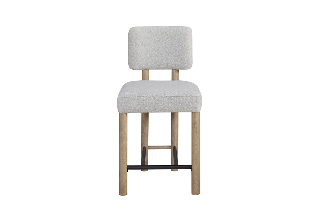 Upholstered counter stool with oak finish and stain-resistant fabric, ideal for modern kitchen or bar seating.
