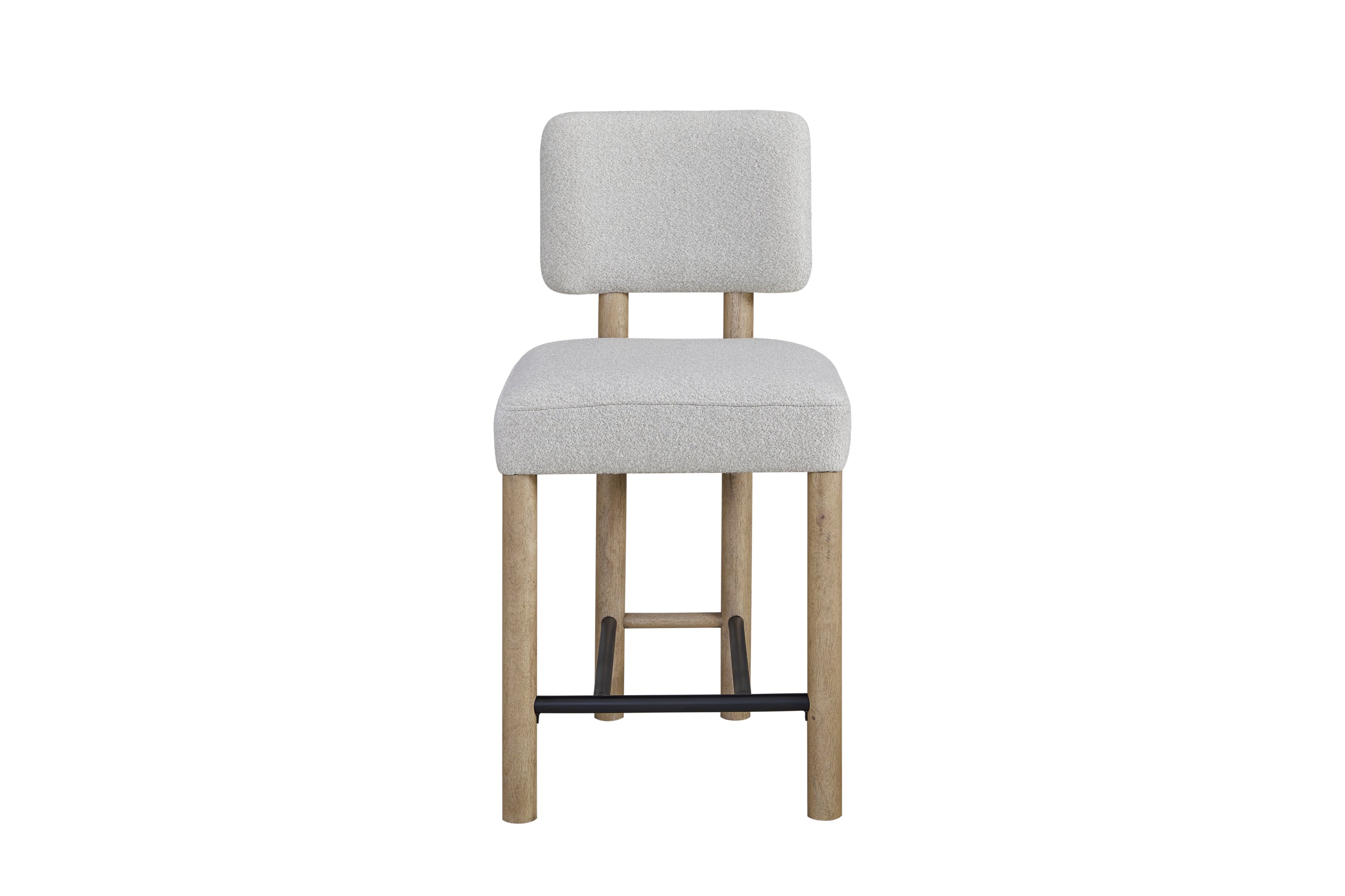 Upholstered counter stool with oak finish and stain-resistant fabric, ideal for modern kitchen or bar seating.