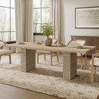 95 inch dining table in light ash finish with double pedestal base, styled in a modern dining room seating 8 people.