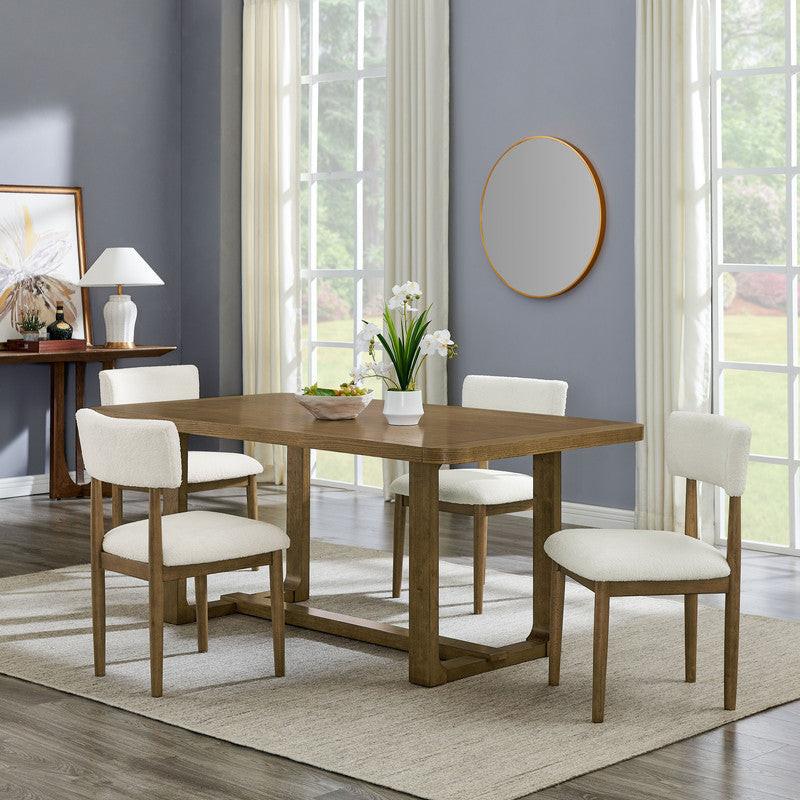 Dafne 5-Piece Dining Set - Walnut Oak Finish with Beige Sherpa Chairs.
