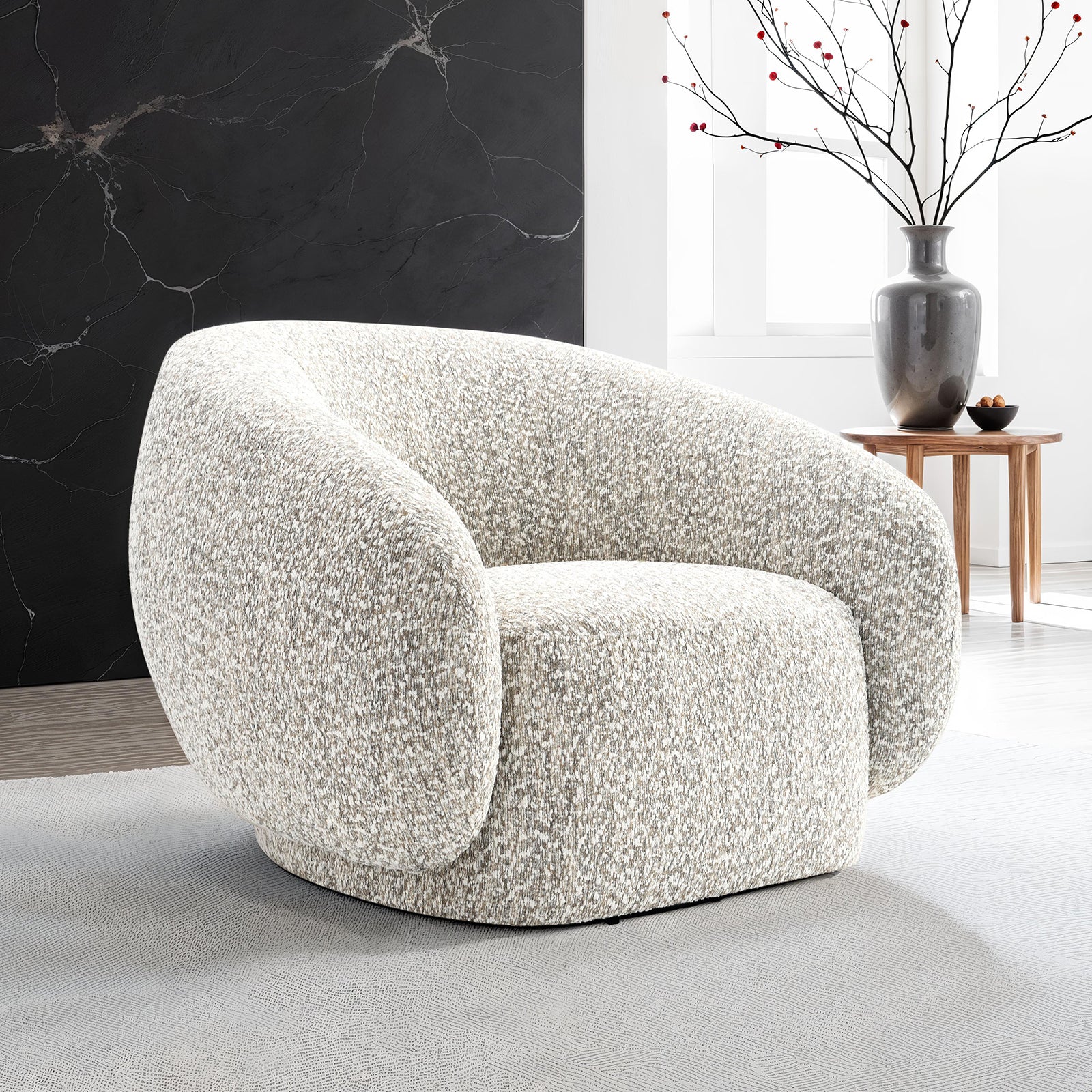 Modern brown swivel chair with boucle fabric, showcasing a rounded backrest and 360-degree swivel base on a light rug.
