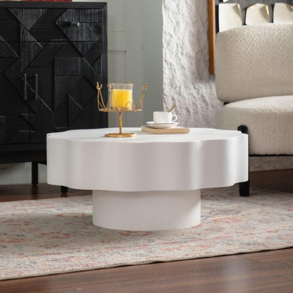 Scalloped White Coffee Table for Modern Living Spaces.