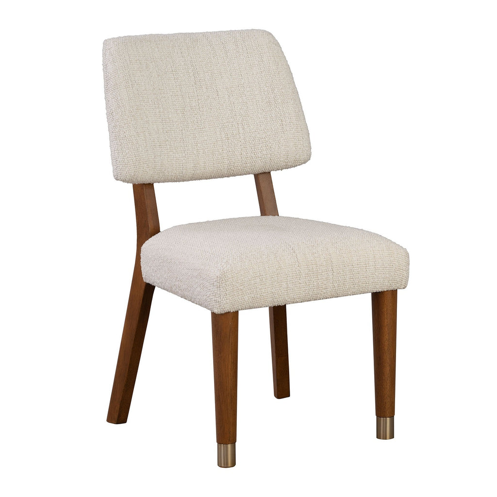 Mid-Century Modern 2pc Side Chair with clean lines, walnut wood legs, and neutral fabric upholstery, accented by gold leg caps.