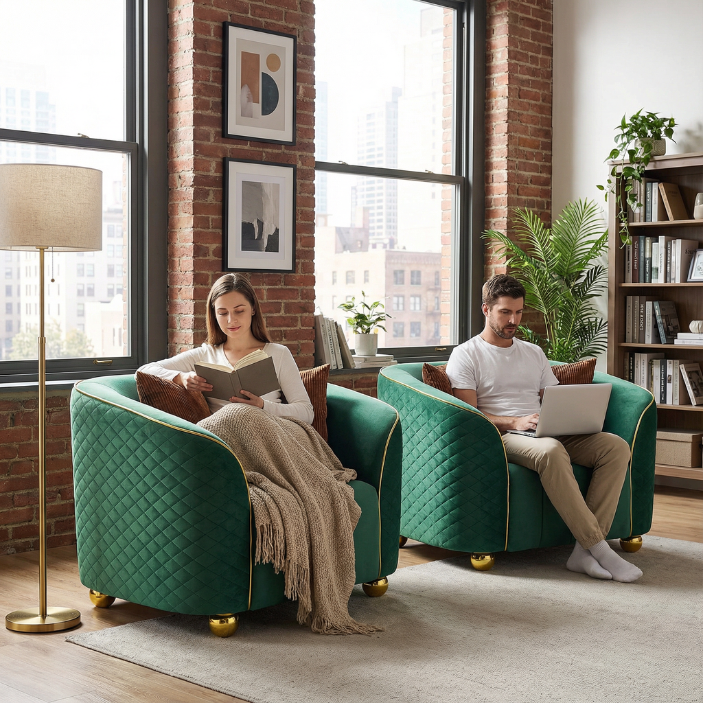 Retro Green Armchair with Gold Trim for Stylish Living Room.