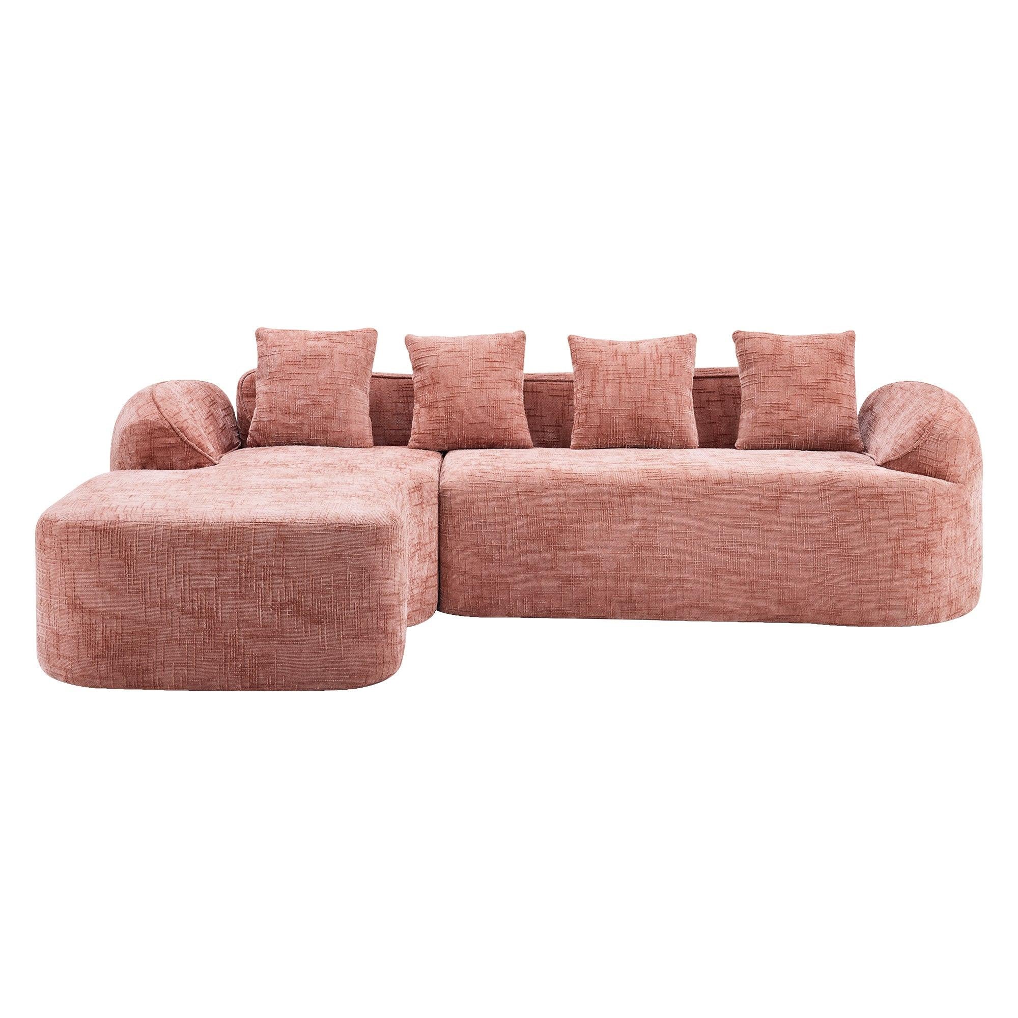 Front view of Pink Chenille L-Shaped Sofa showcasing plush seating and soft chenille fabric for modern home decor.