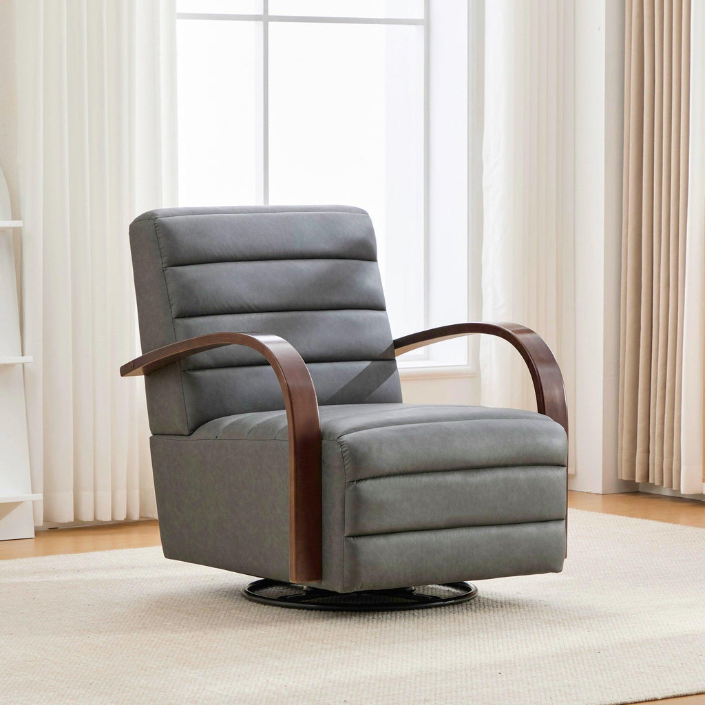 Modern Upholstered 360° Swivel Accent Chair with Solid Wood Armrests, Comfy Channel Tufted Lounge Reading Chair, Gray PU, 30.3'W.