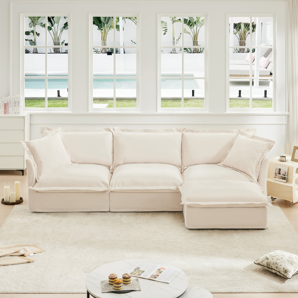 Cream Chenille L-Shaped Sectional Sofa with Convertible Ottoman