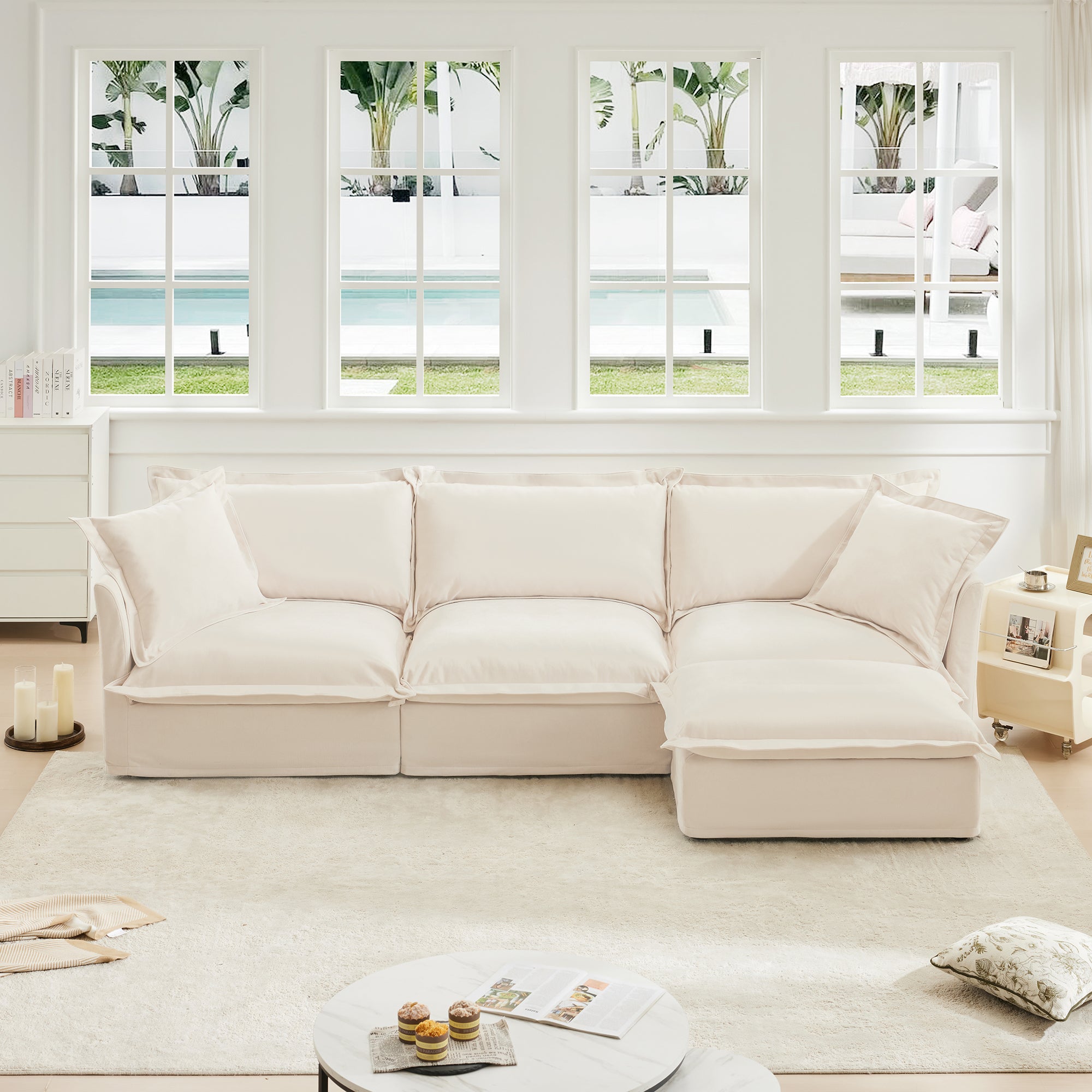 Cream Chenille L-Shaped Sectional Sofa with Convertible Ottoman