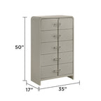 Modern 5-drawer chest measuring 50 inches tall, 35 inches wide, and 17 inches deep, ideal for compact yet ample bedroom storage.