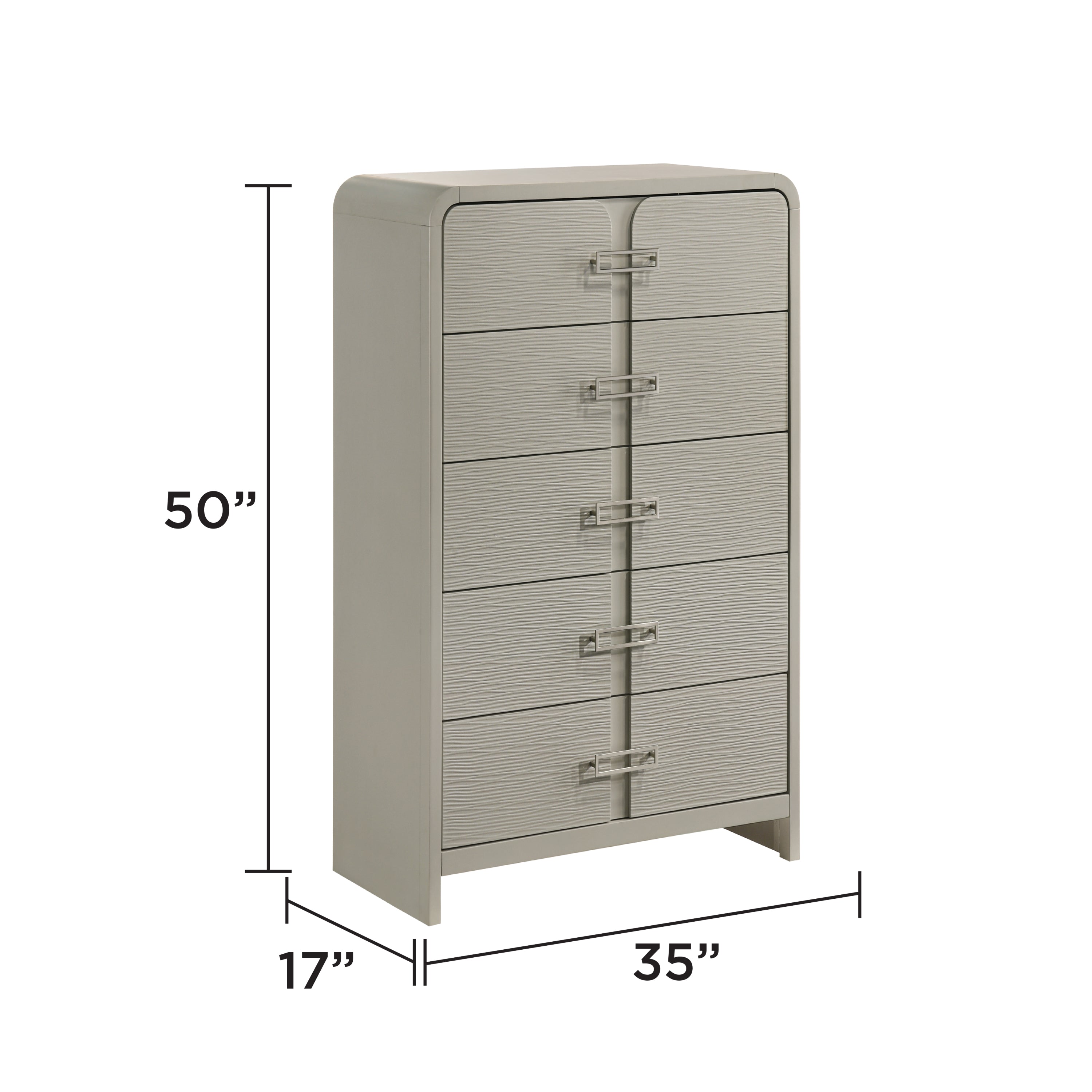 Modern 5-drawer chest measuring 50 inches tall, 35 inches wide, and 17 inches deep, ideal for compact yet ample bedroom storage.