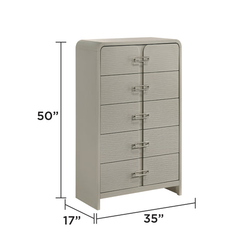 Modern 5-drawer chest measuring 50 inches tall, 35 inches wide, and 17 inches deep, ideal for compact yet ample bedroom storage.