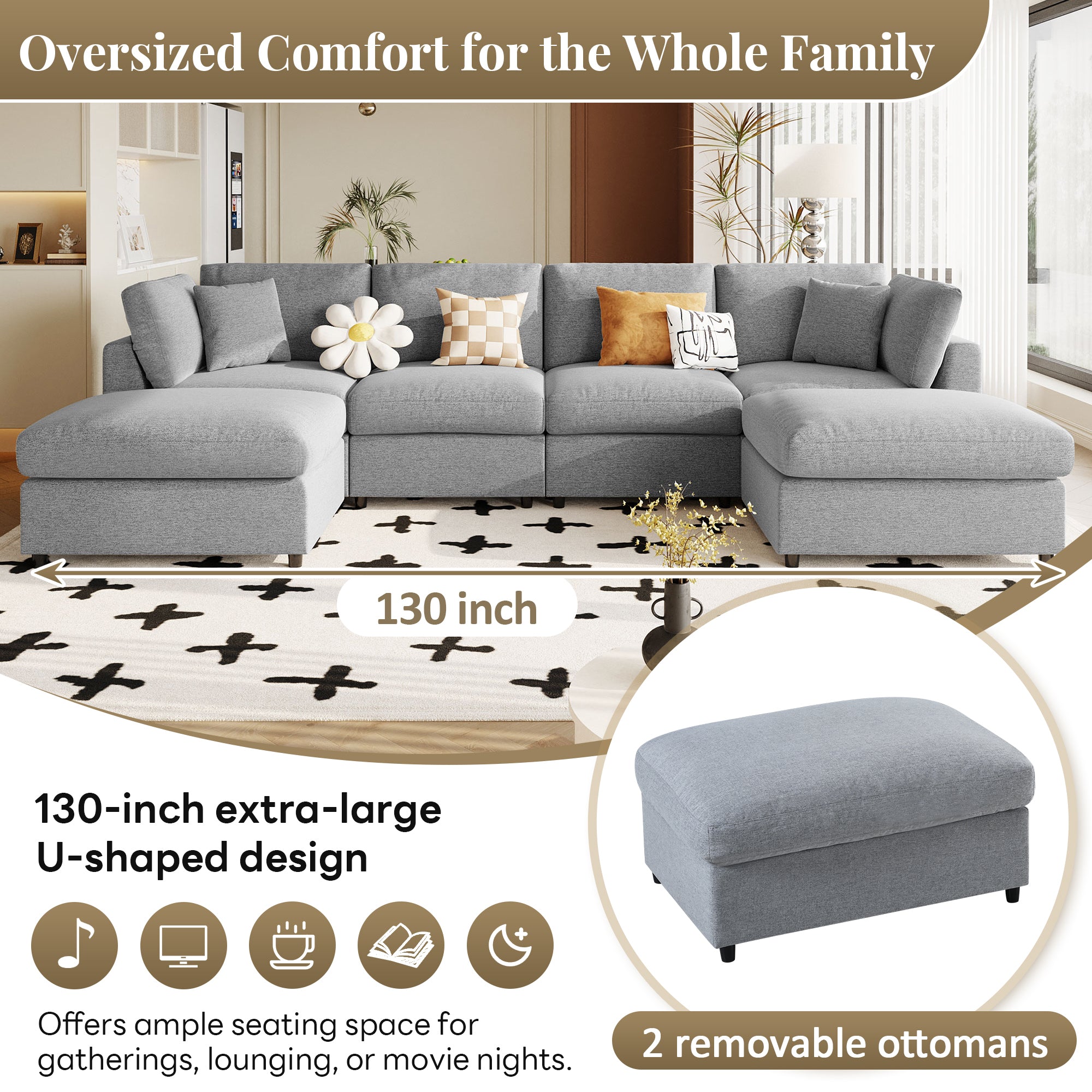 130' U-Shaped Sectional Sofa - Large & Versatile with two removable ottomans, offering oversized comfort and ample seating for the whole family.
