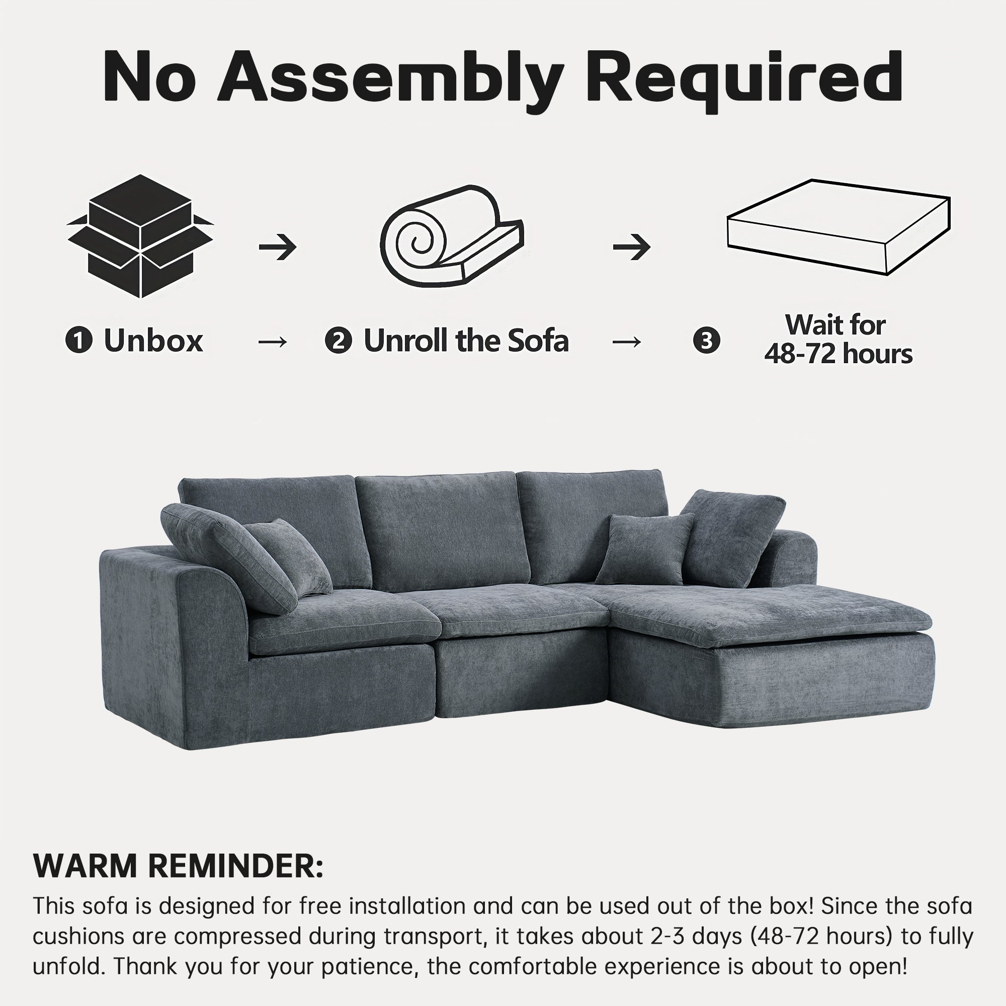 No assembly required guide for Modern L-Shaped Sectional Sofa with Reversible Chaise, showing unboxing and expansion process.