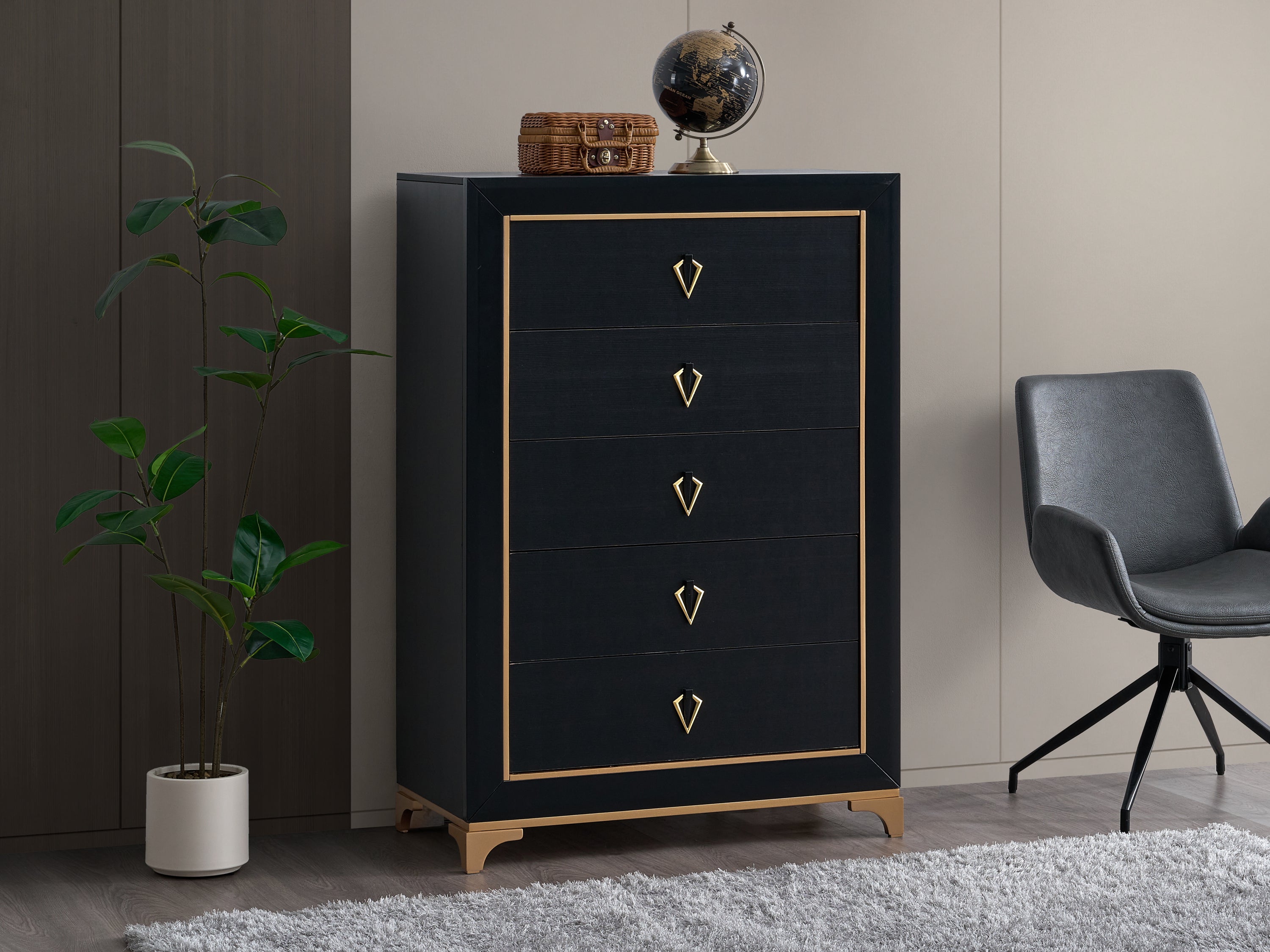 5-Drawer Black Wood Chest with Gold Accents and Metal Base