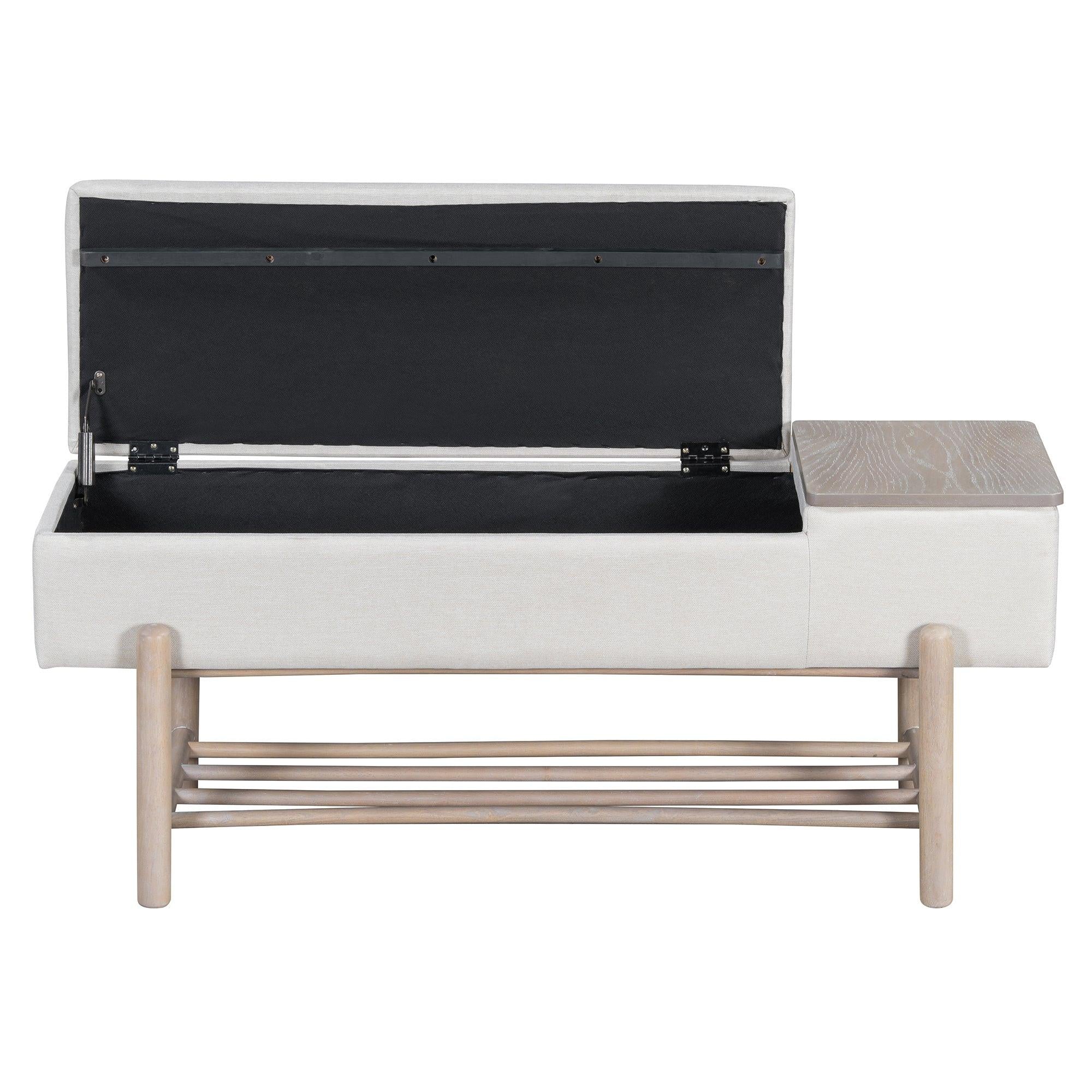 TREXM Farmhouse Upholstered Storage Bench with Hidden Compartment, Modern Entryway Bench for Living Room, Entryway, and Hallways (Natural).