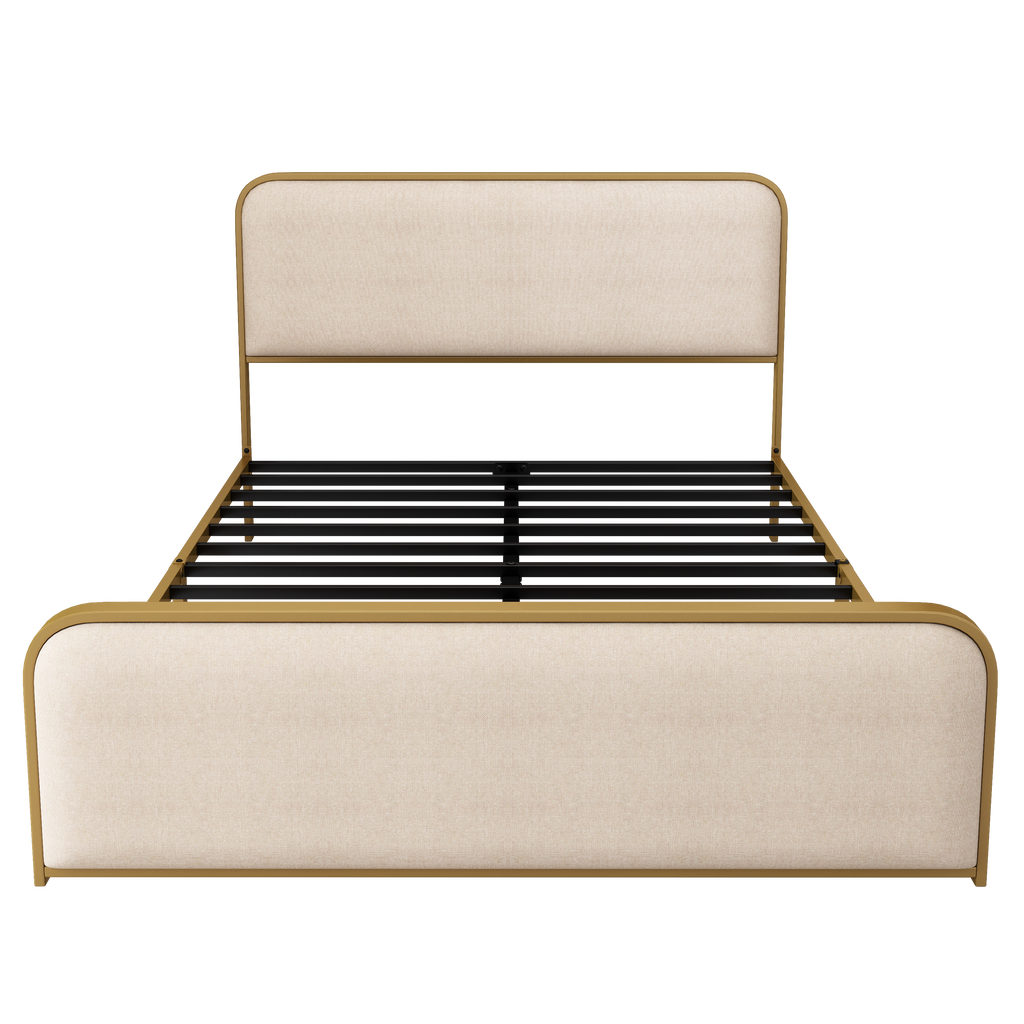 Queen Metal Bed Frame with Upholstered Headboard and Storage.