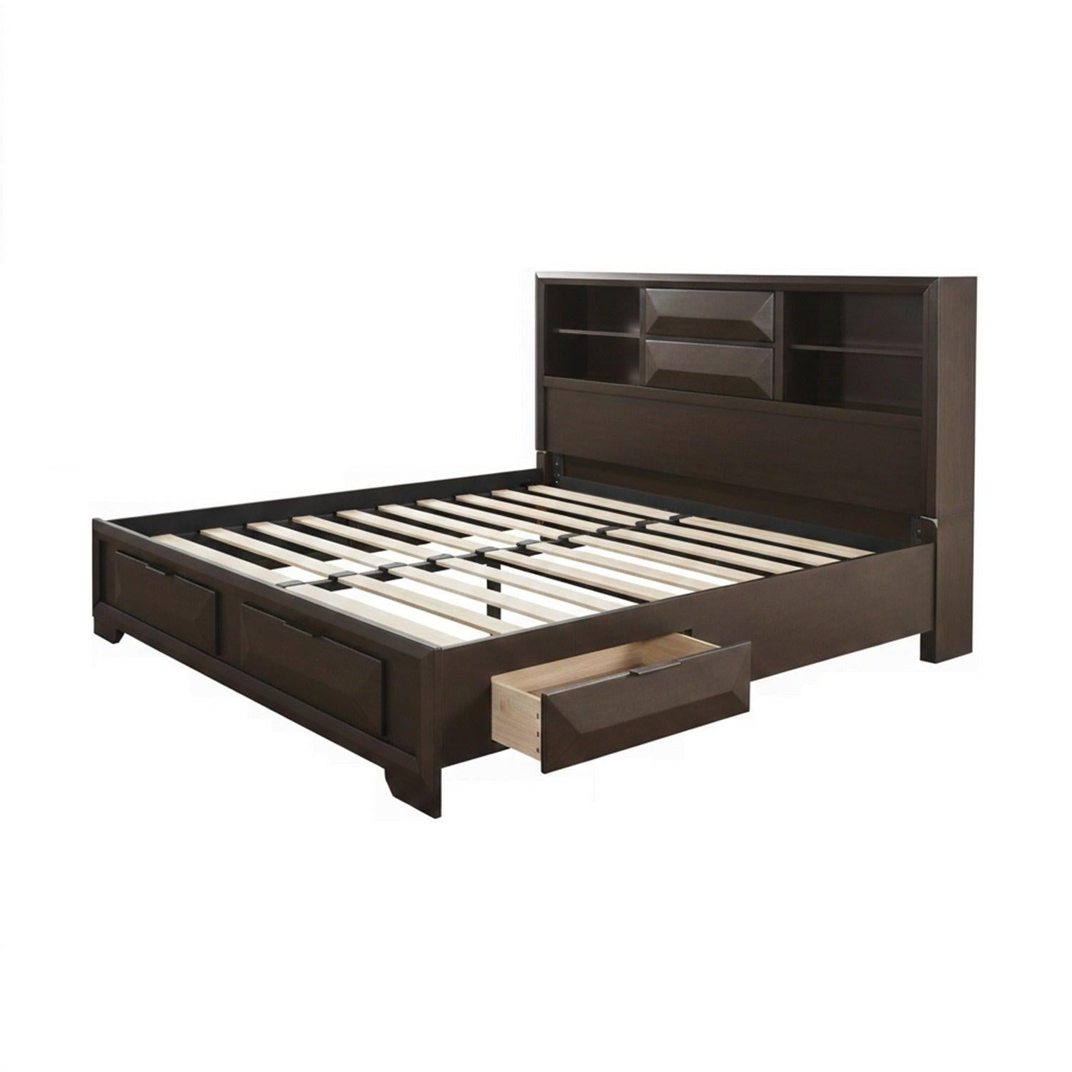 Queen Size Bed with Bookcase Headboard and Storage.