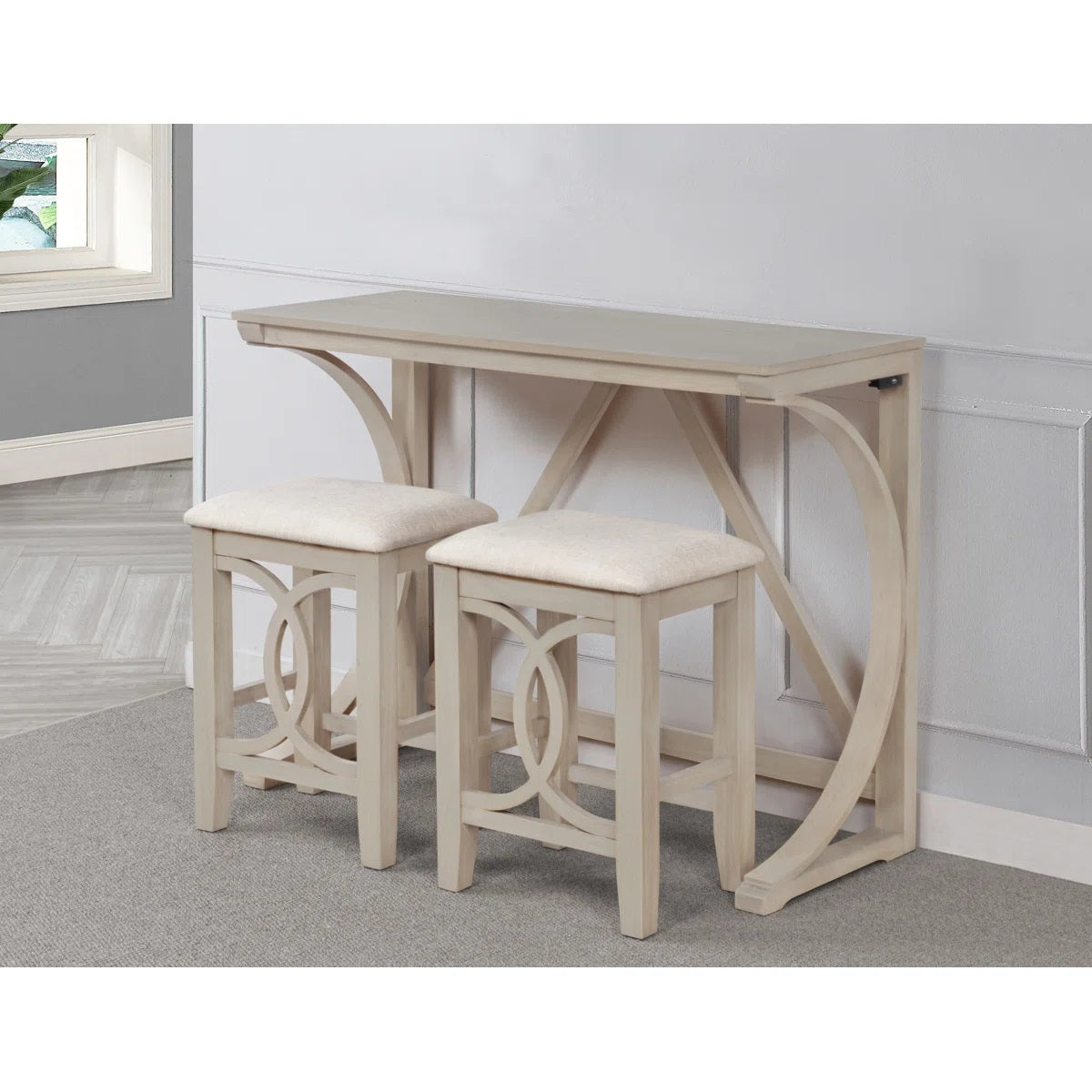 3-Piece Antique White Wood Counter Height Dining Set with USB Ports