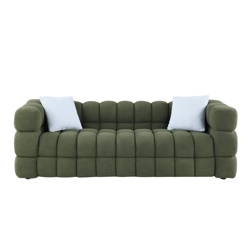 Front view of Olive Green Boucle Sofa - 3 Seater, Marshmallow Cozy with two light blue accent pillows and plush seating.