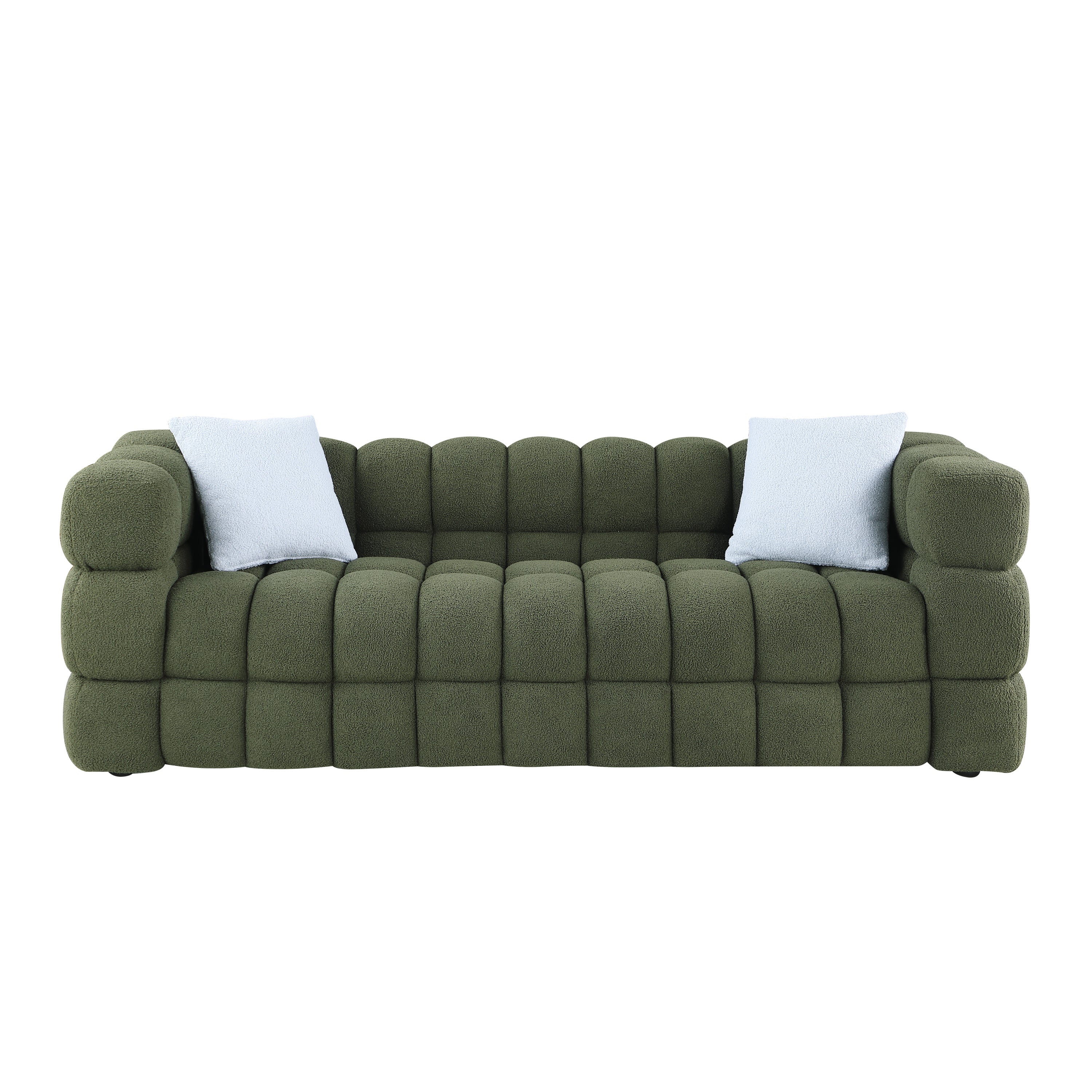 Front view of Olive Green Boucle Sofa - 3 Seater, Marshmallow Cozy with two light blue accent pillows and plush seating.