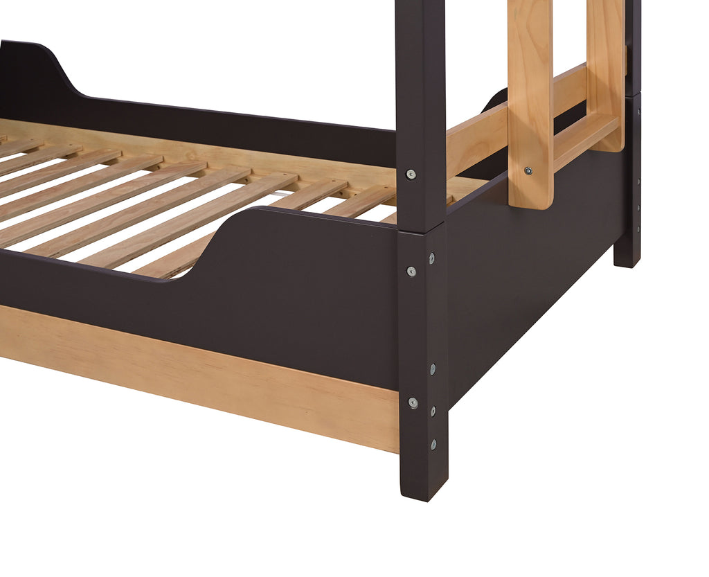 Detail view of lower bunk frame and slats on Contemporary Twin Bunk Bed, highlighting sturdy build and natural wood accents.