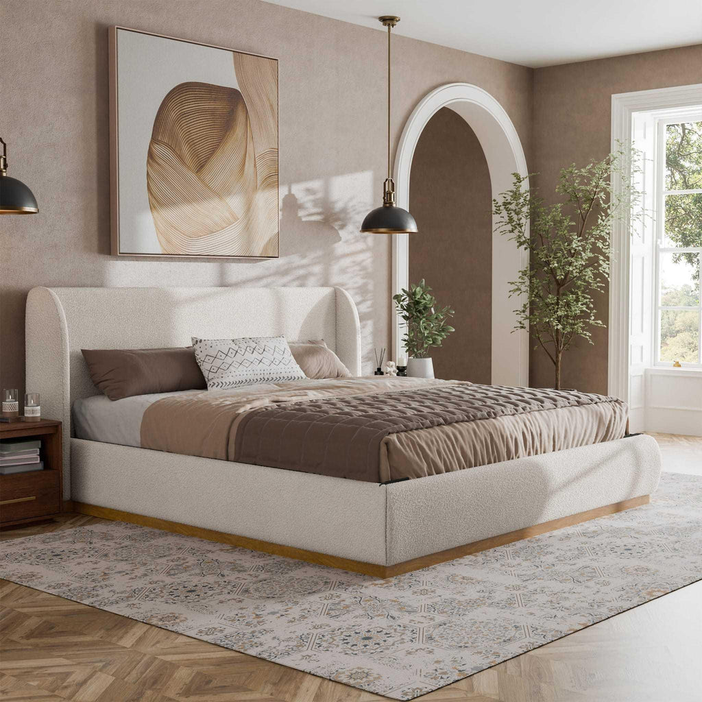 Queen Size Boucle Upholstered Bed with Wingback Headboard.