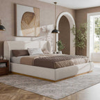 Queen Size Boucle Upholstered Bed with Wingback Headboard.