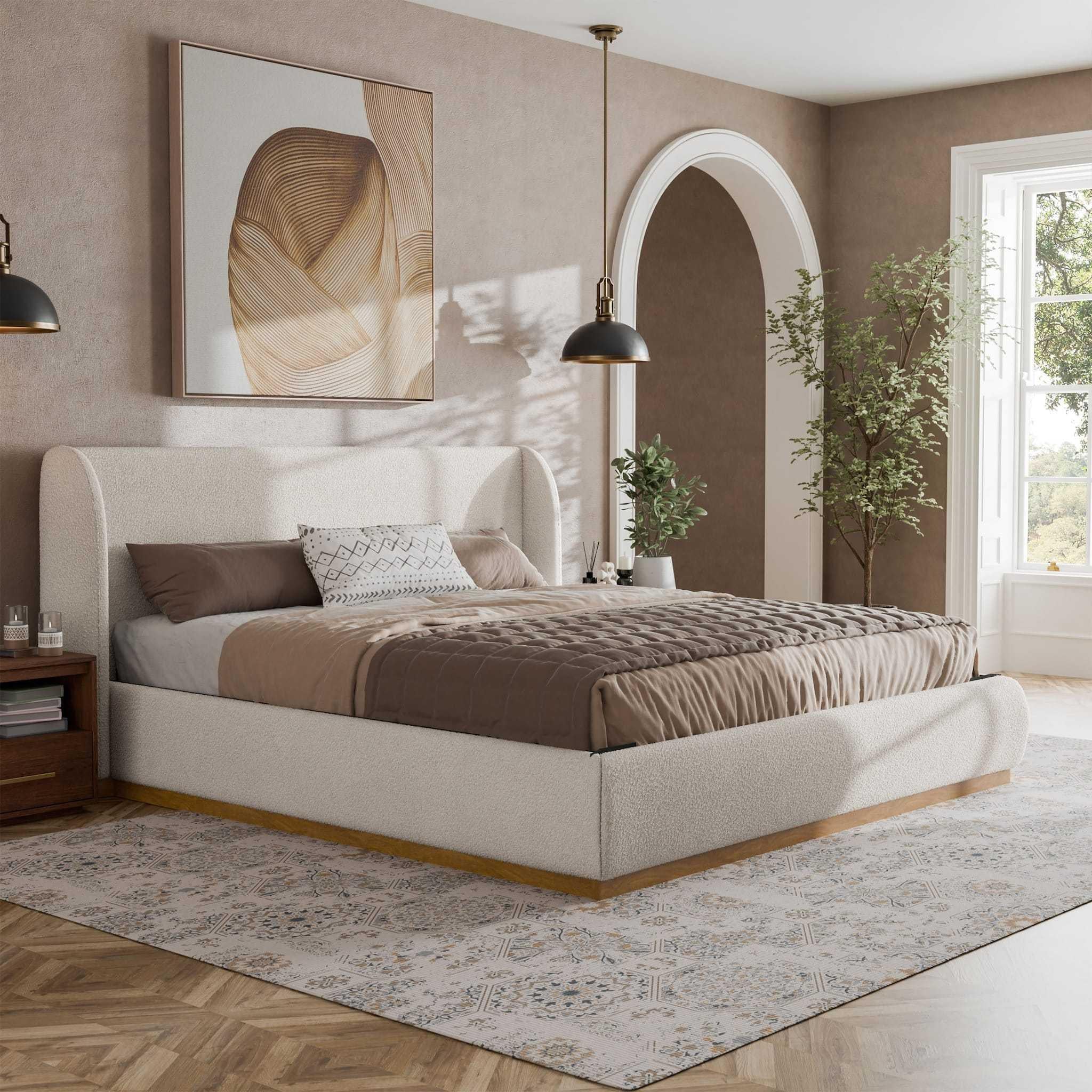 Queen Size Boucle Upholstered Bed with Wingback Headboard.