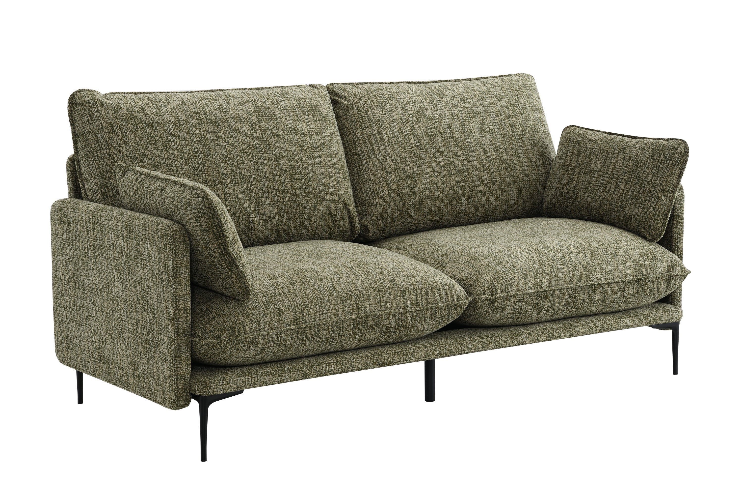 Angled view of Dalton Green Fabric Sofa - Compressed Cushion showing deep seating, green fabric, and slim black legs.