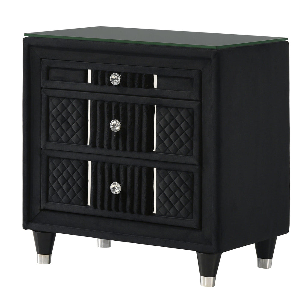 Contemporary Black Velvet Nightstand with Crystal-style Knobs.