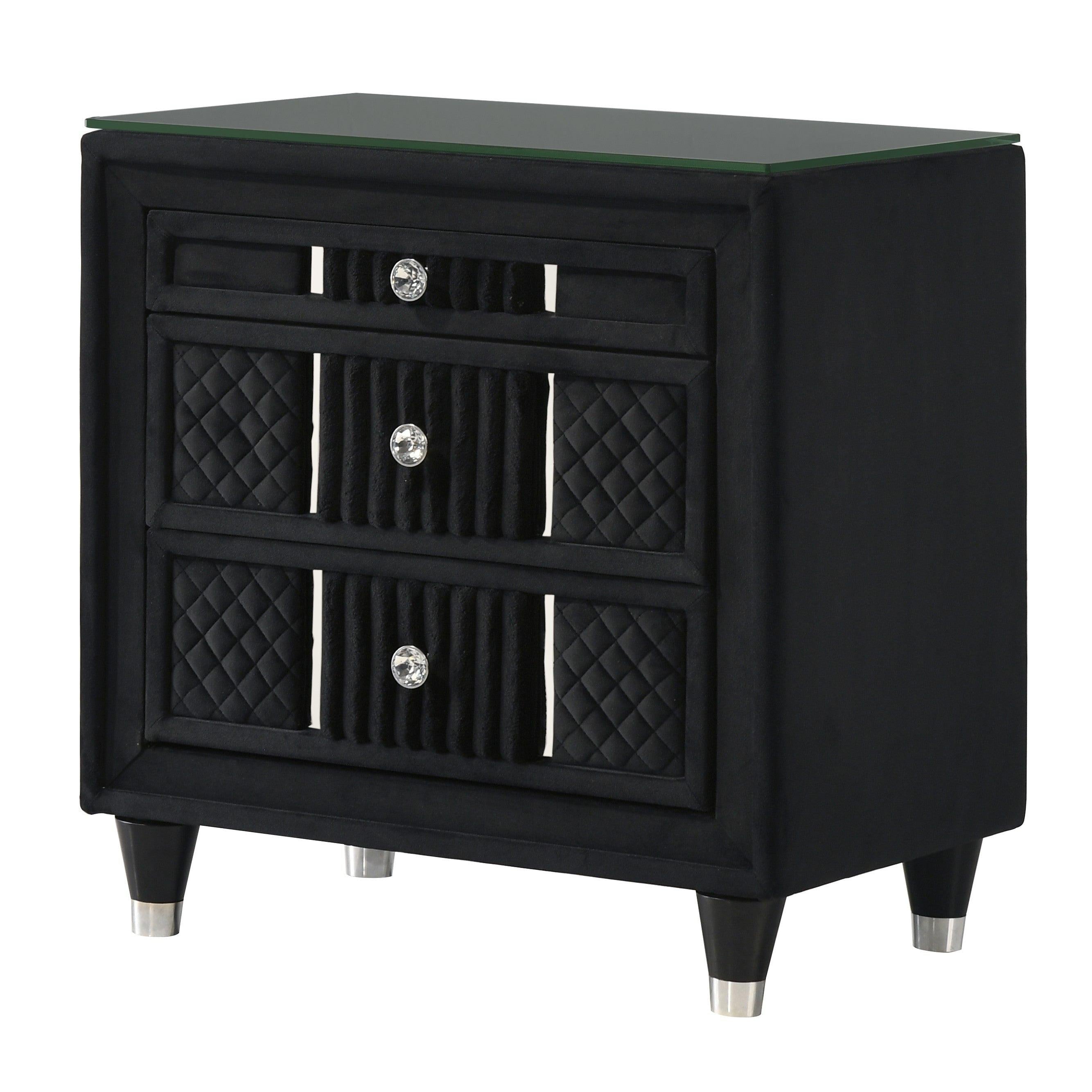 Contemporary Black Velvet Nightstand with Crystal-style Knobs.