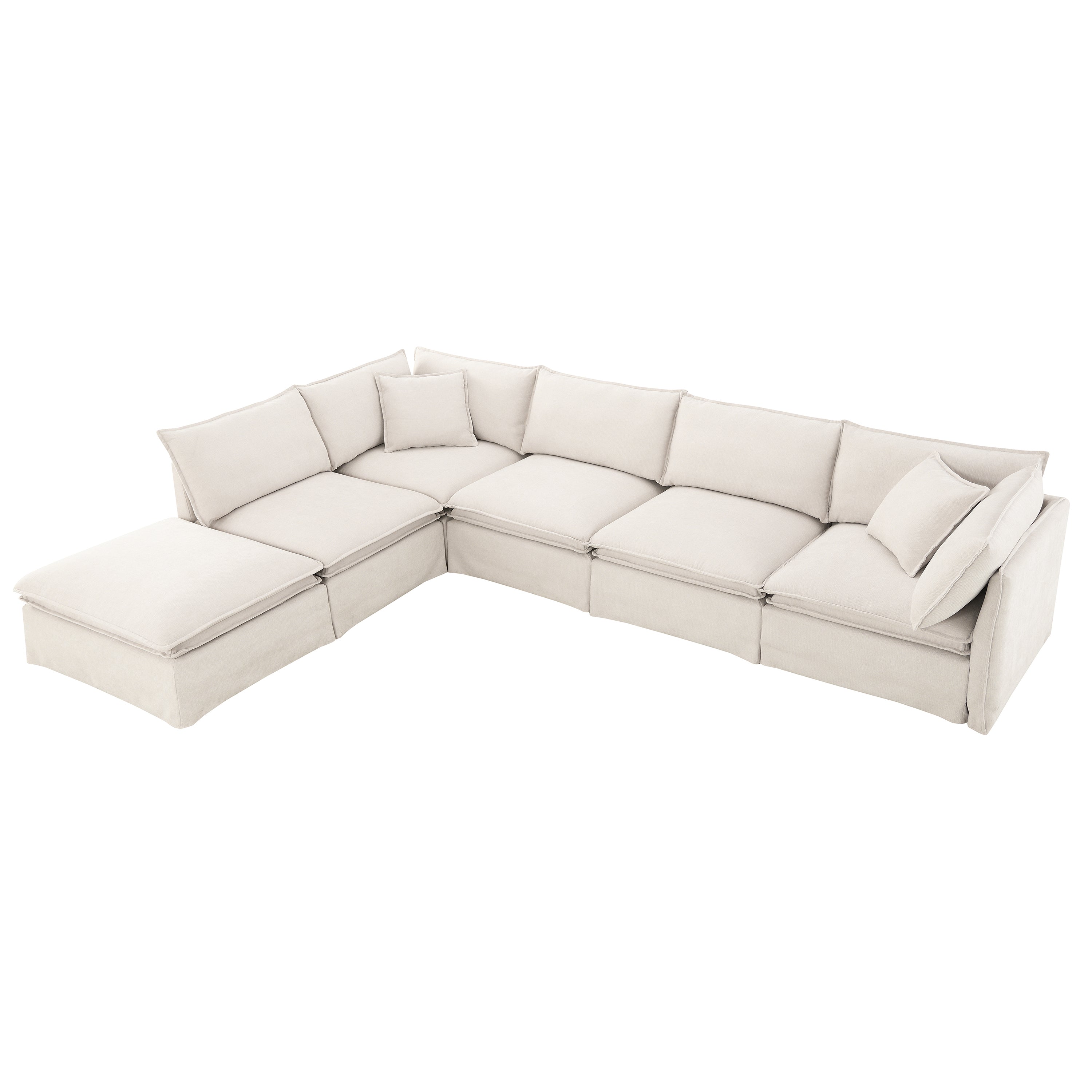 L-shaped modular sectional sofa with ottoman in a left-facing configuration, designed for flexible living room layouts.