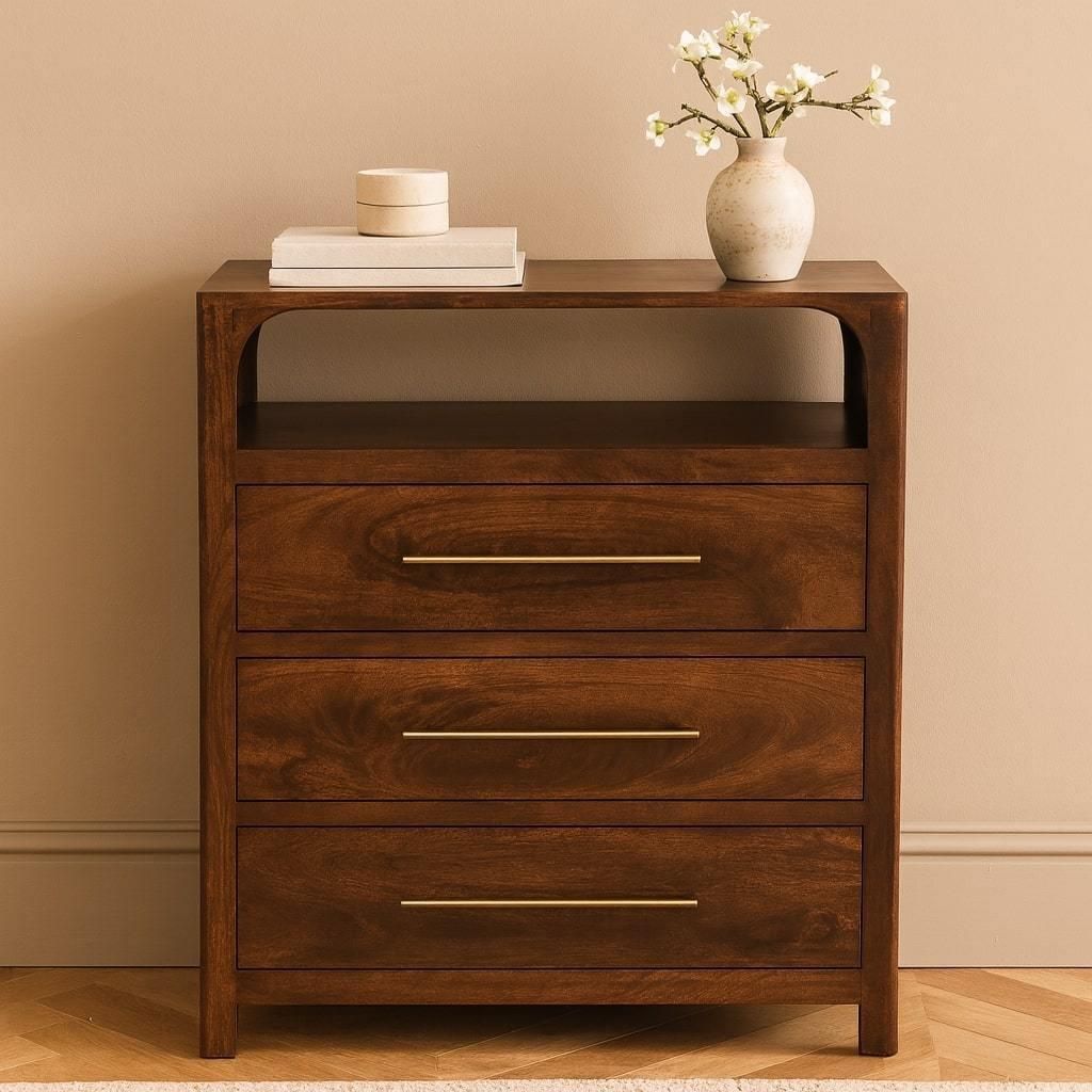 Solid Wood 3 Drawer Chest with Arched Edge Design.