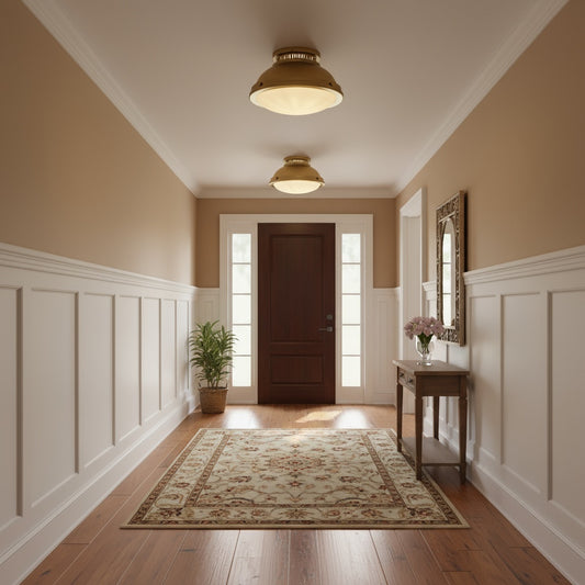 Polished brass flush mount light fixture installed in a hallway with wainscoting and wood flooring. Ideal for entryways or transitional spaces.