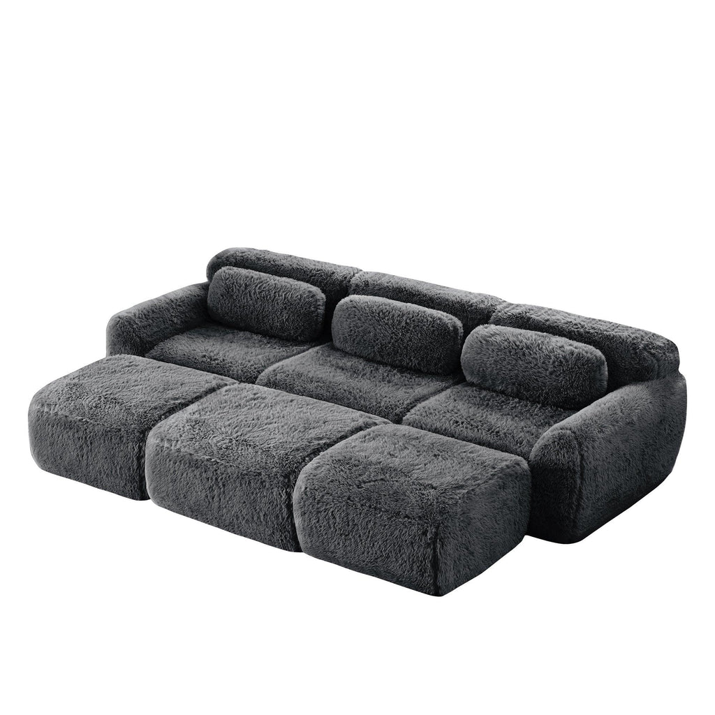 Modular 3-Seater Plush Sofa with Movable Ottoman - Dark Grey.