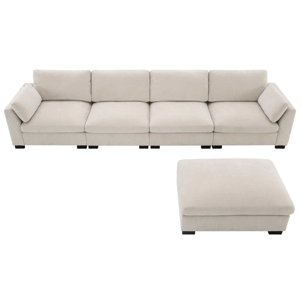 Separated layout of modular sectional sofa with ottoman placed apart, showcasing flexible seating arrangement.