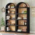 Set of two farmhouse arched 5-tier bookshelves featuring a black frame and natural wood-grain back panel.