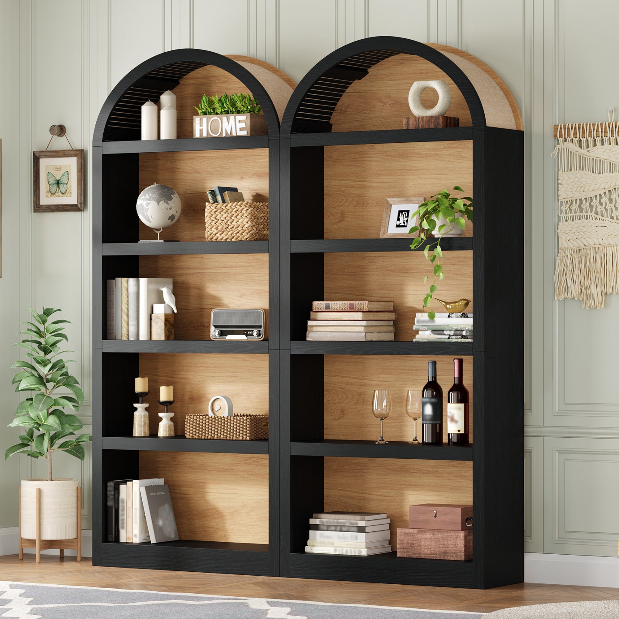 Set of two farmhouse arched 5-tier bookshelves featuring a black frame and natural wood-grain back panel.