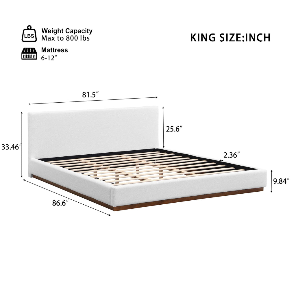 White Boucle Upholstered Bed - King Size with Solid Wood Frame.