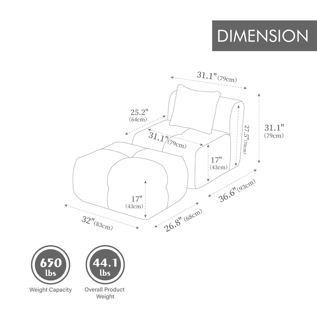 31' Modular Cloud Armless Accent Chair with Ottoman Set, Modern Boneless Deep Seat Single Sofa Soft Lounger with Footstool Throw Pillow for Living Room, Bedroom, Dorms, No Assembly Required, Charcoal