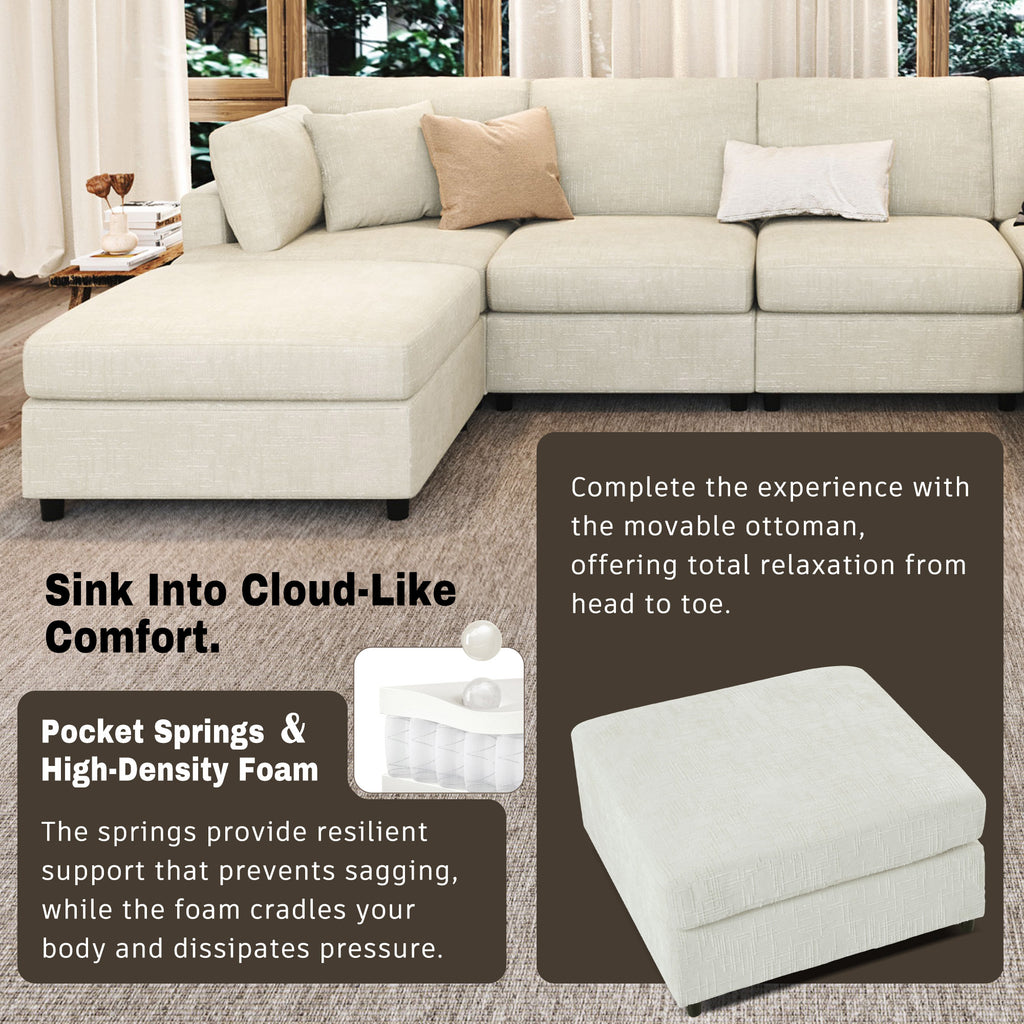 U-shaped sectional sofa with ottoman featuring pocket springs and high-density foam for cloud-like comfort and support.