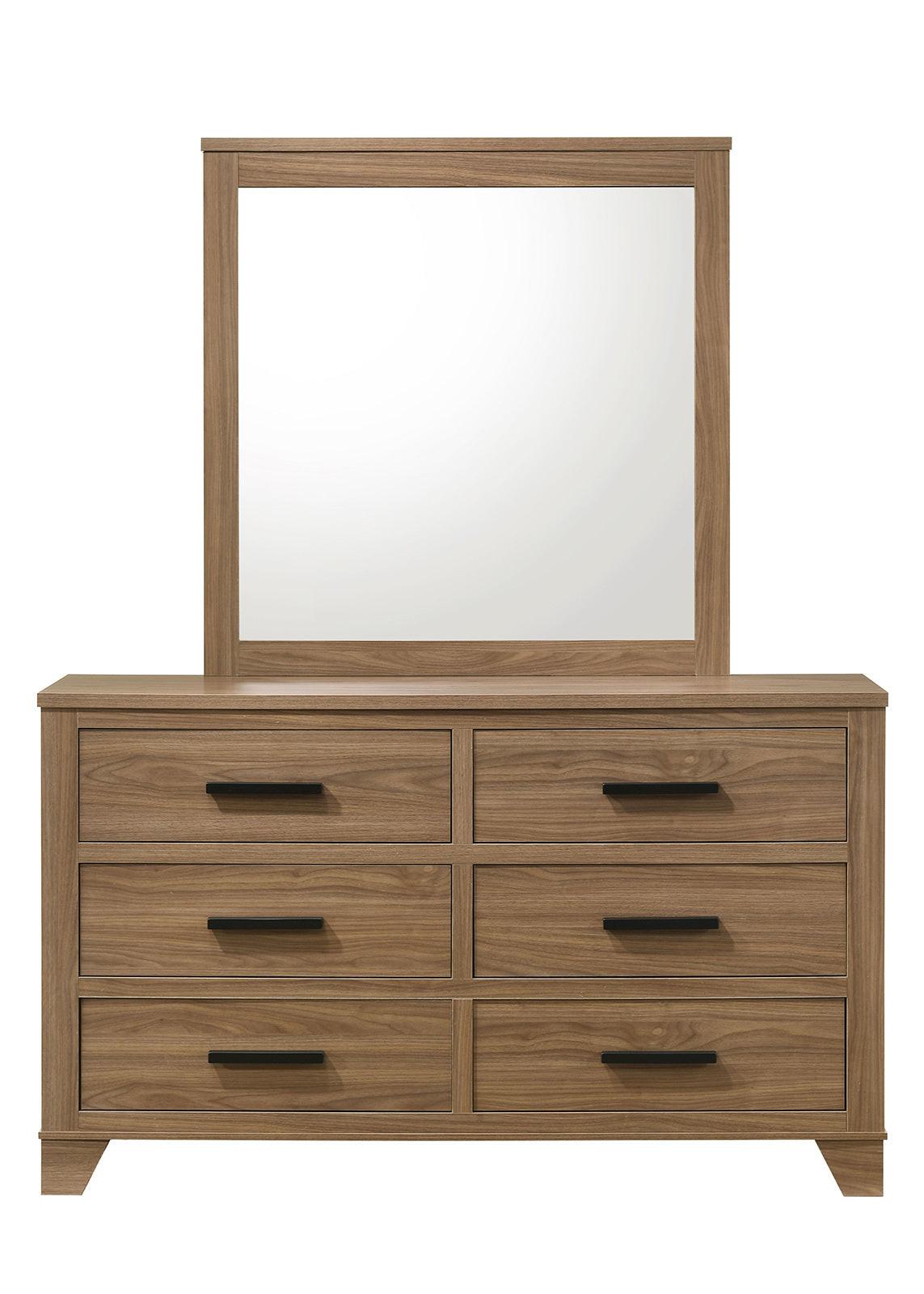 Walnut Dresser with Mirror and Six Drawers.