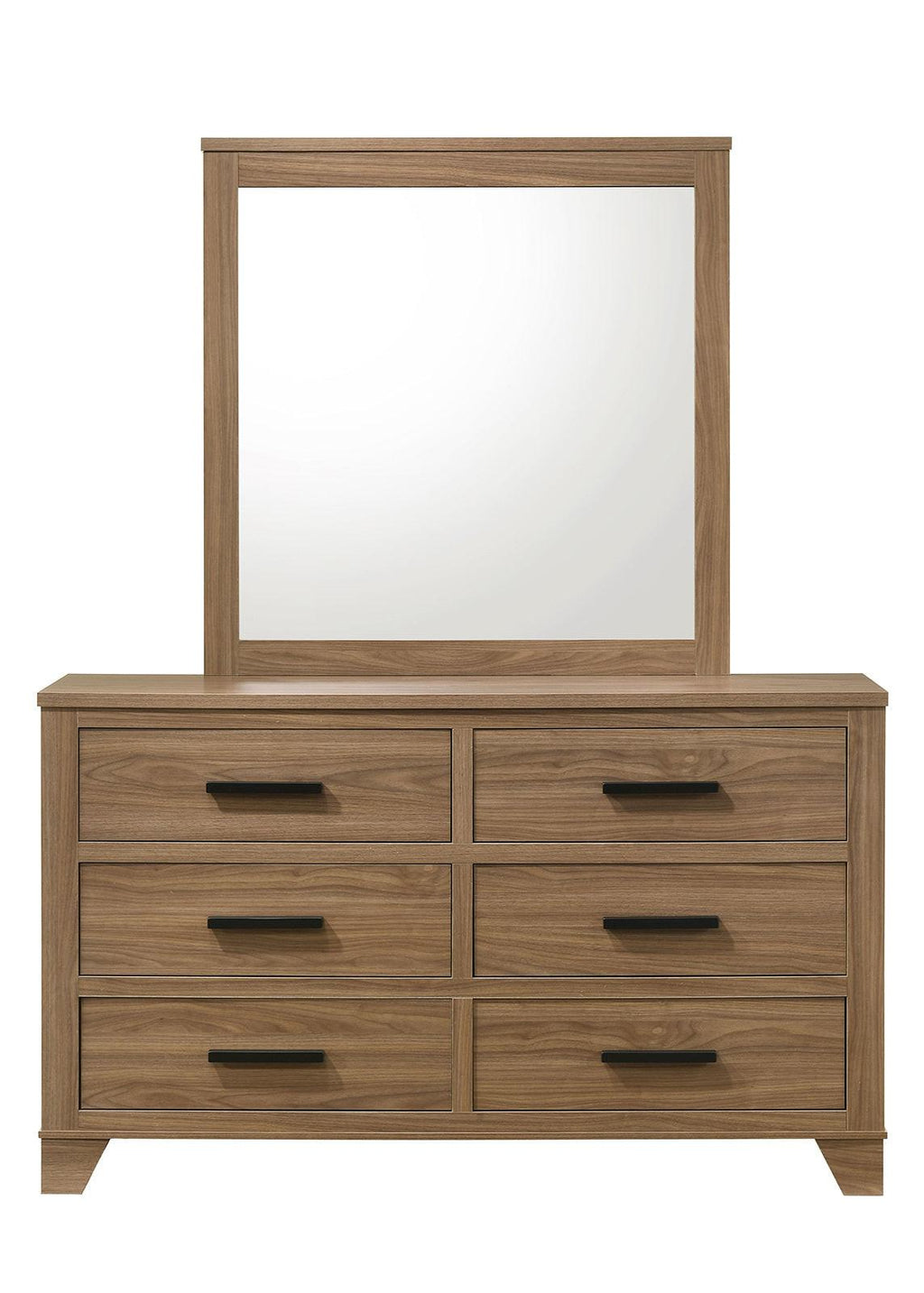 Walnut Color Six Drawers Dresser with Black Bar Pulls.