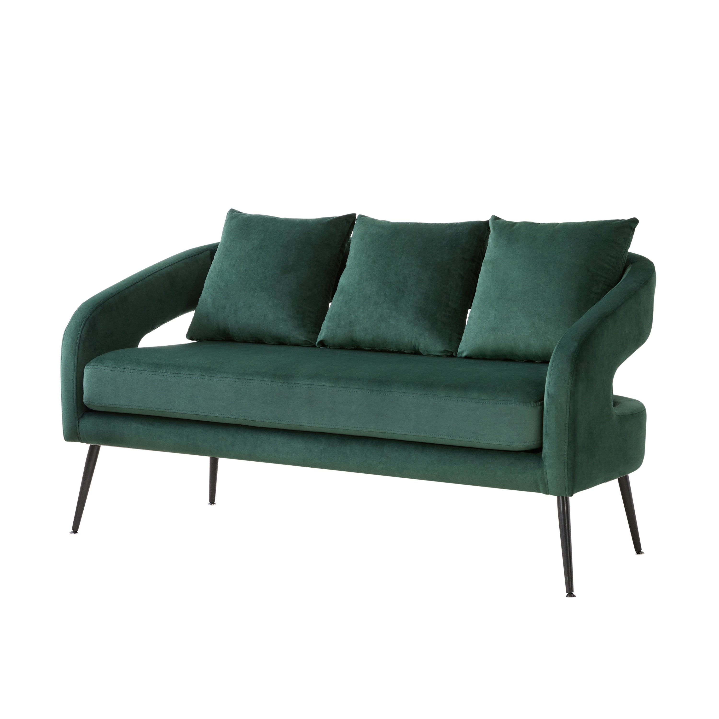 Modern Upholstered Velvet Loveseat Settee with Pillows, Comfy 2-Seater Mini Sofa for Small Spaces, Metal Legs, Green