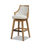 Angled view of Bahama 30' High-Back Swivel Bar Stool featuring cane rattan backrest, cushioned seat, and two-tone neutral gray fabric upholstery.