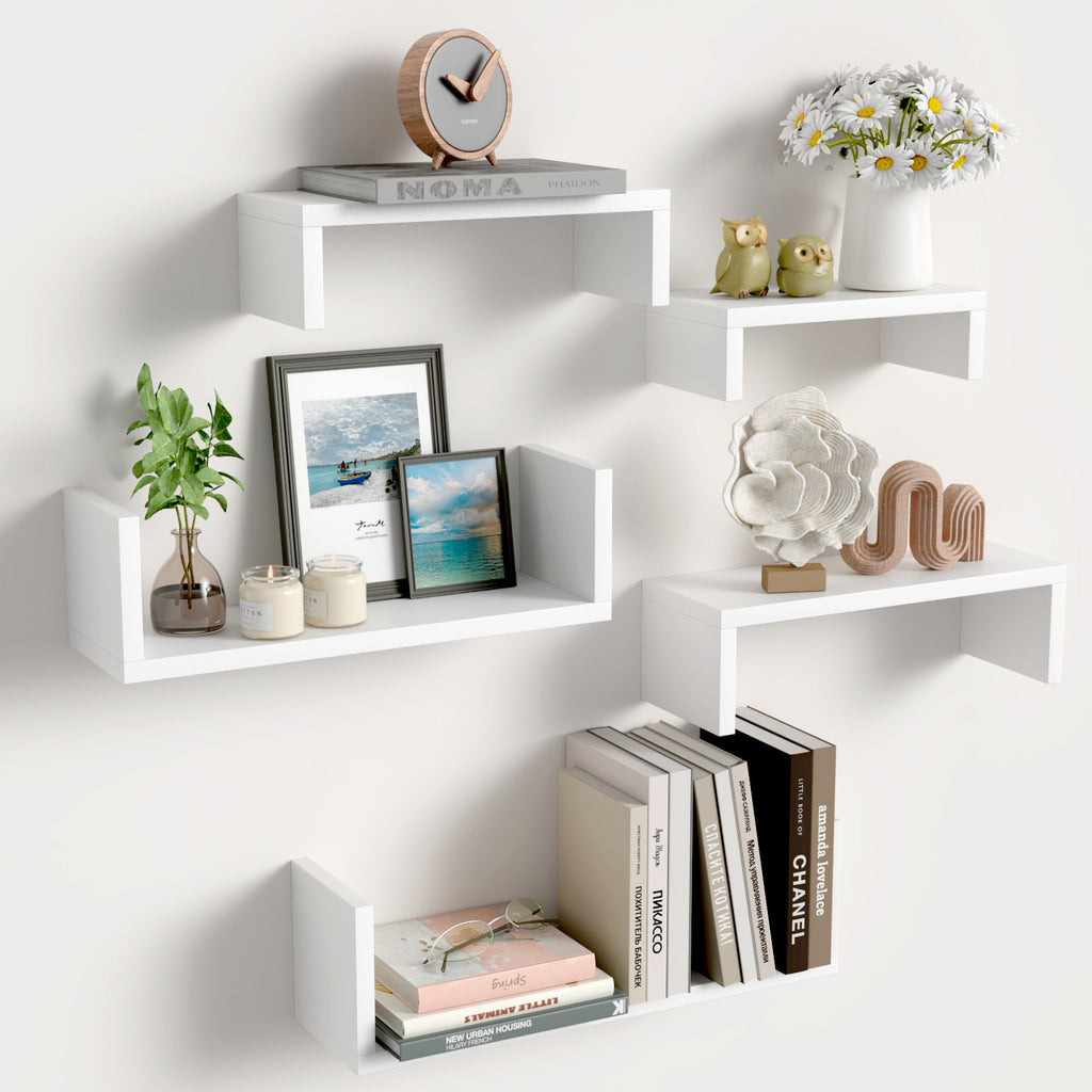 Set of 5 Modern White Wood Floating Wall Shelves for Home Storage