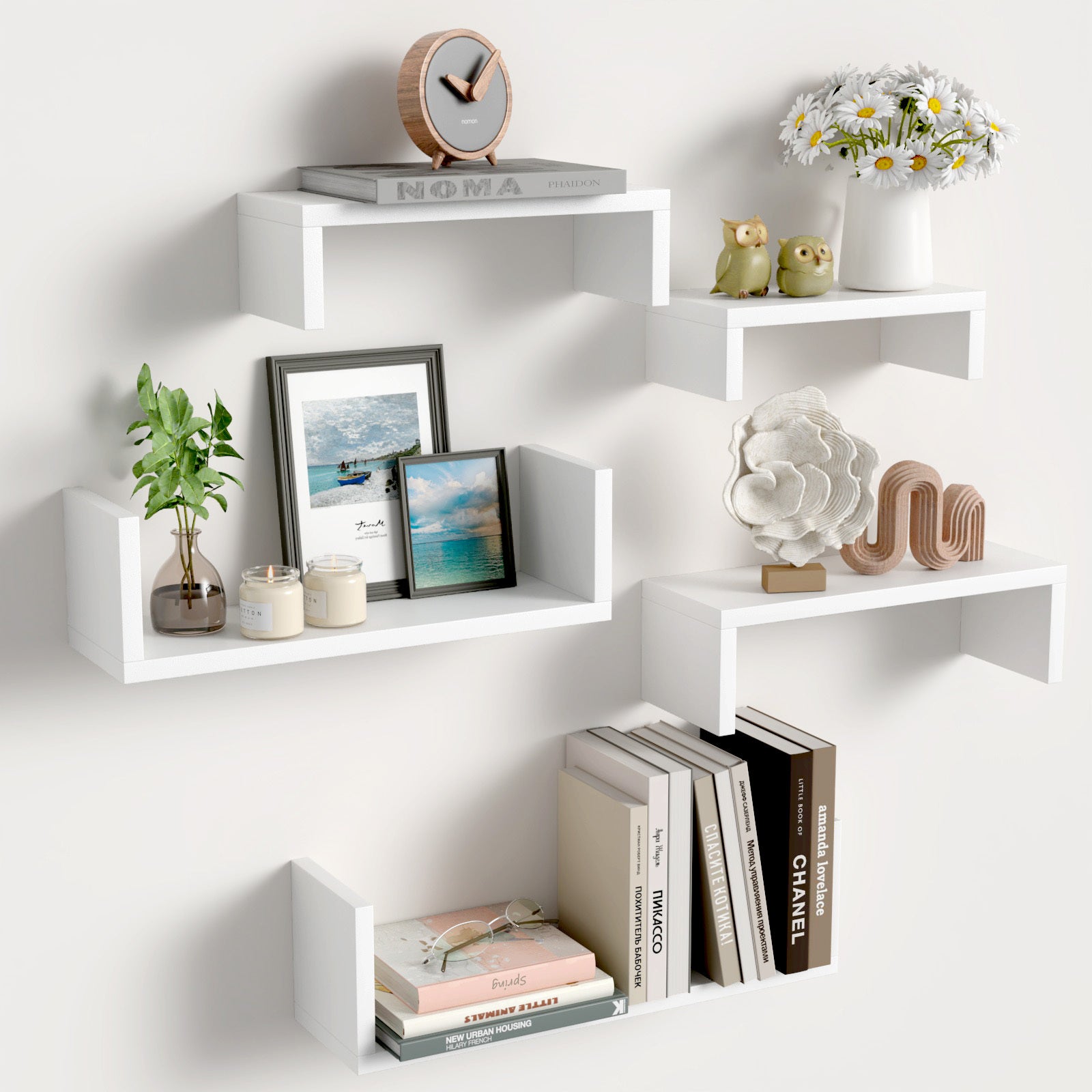 Set of 5 Modern White Wood Floating Wall Shelves for Home Storage