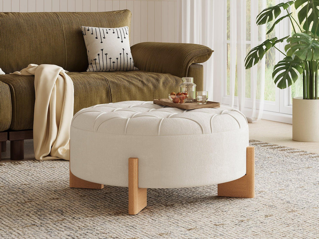 32' Round Tufted Ottoman - Elegant Chenille Coffee Table.