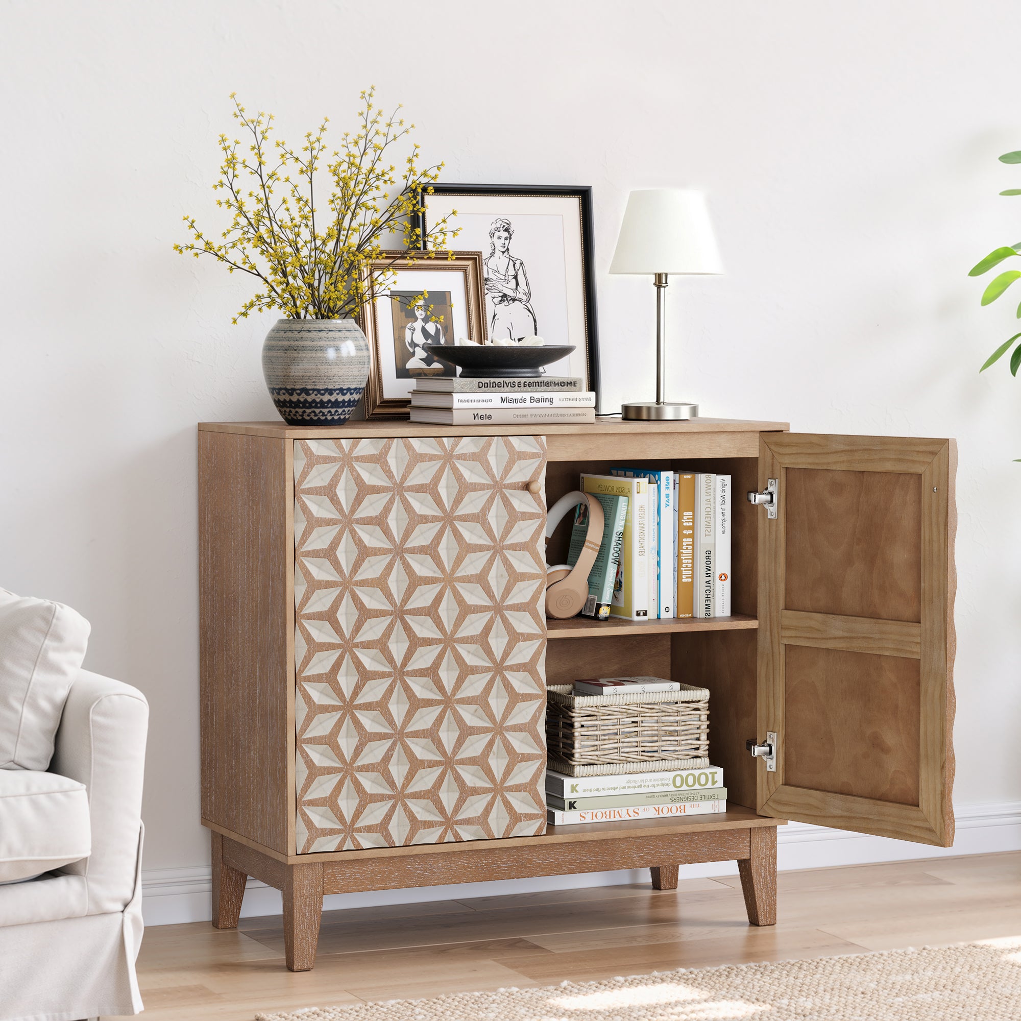 Geometric Sideboard Tangerine Walnut - 31.5" Storage Unit with open doors displaying books and decor, highlighting adjustable shelf space.